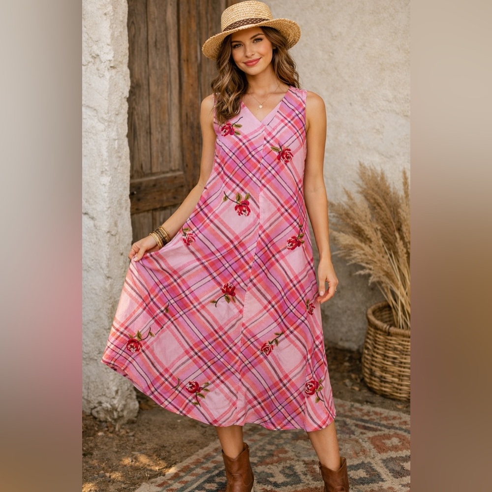 Johnny Was 3J Workshop Pink Plaid Floral Embroidered Sleeveless Dress NWT Size S